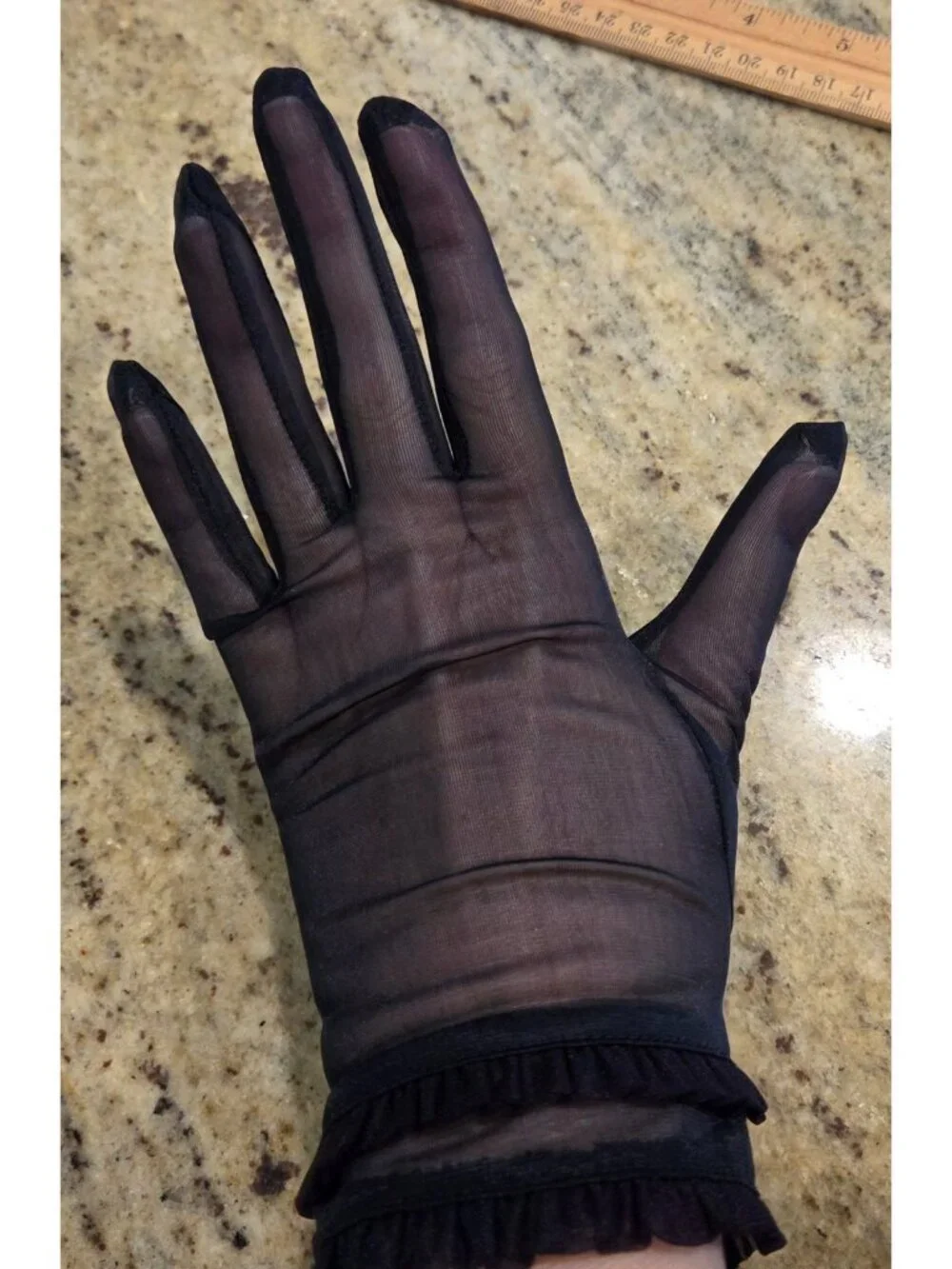New! Vintage Women's Size 7 S/M Blue Sheer Nylon Formal Gloves Double Ruffle